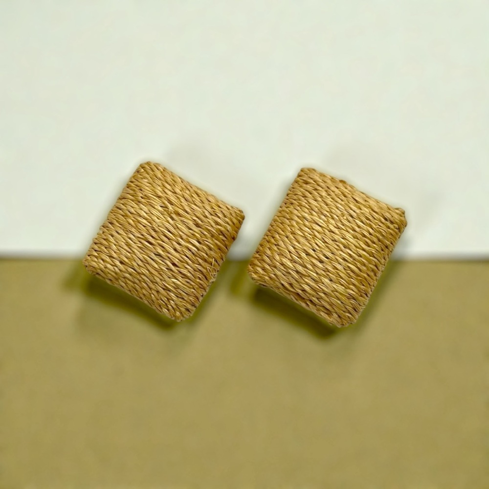 Rustic Jute Square Clip Earrings Statement Boho Vibe Neutral